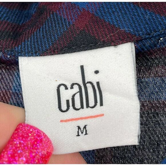 CAbi Navy Blue Moody Check Plaid Top #3431 Size M Long Sleeve Button Down Shirt - Picture 5 of 6